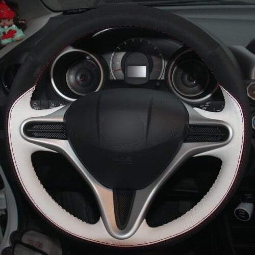 White Leather Black Suede Car Steering Wheel Covers for Honda Fit 2009-2013 City Jazz Steering Wheel Covers