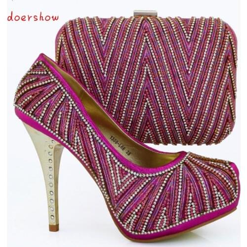 Doershow Beautiful Italian summer style shoes matching with bag,High quality African round toe shoes and bag sets fuchsia WOW39