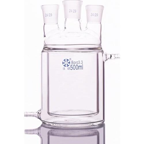 Double-deck cylindrical three-necked bottom flask 500ml,Straight shape ground mouth 24/29,Mezzanine jacketed reactor bottle