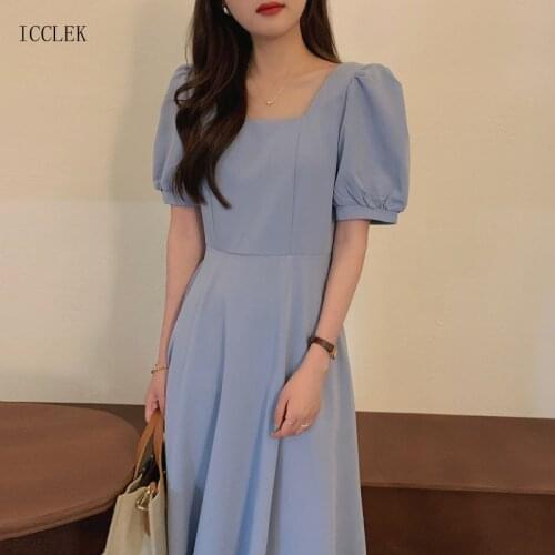 French Elegant Hepburn Square Neck Waist Slim Puff Sleeve Midi Dress 2021 New Summer Korean One-Piece Womens Lady Office Dress