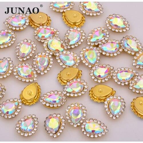 JUNAO 30pcs 7*10mm Sew On Clear AB Glass Drop Rhinestones Sewing Flowers Strass Bridal Appliques Gold Metal Claw Crystal Stones