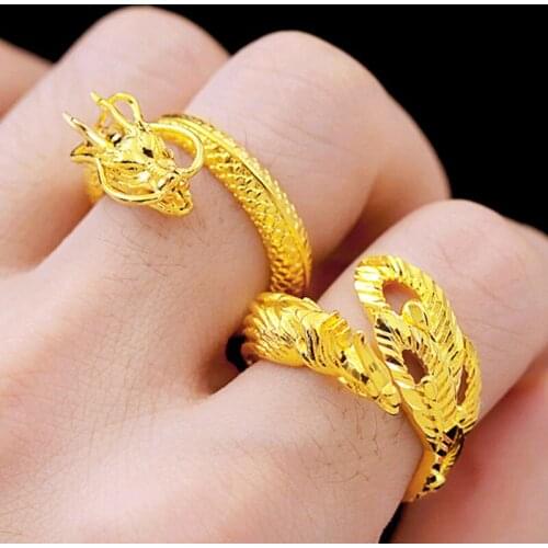 Chinese Styles Dragon Phoenix Ring Couple Wedding Opening Rings Adjustable Gold Color Ring Punk Jewelry Accessories Lovers Ring