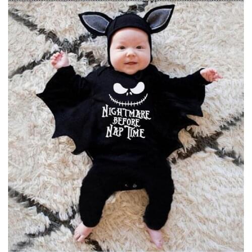Halloween Newborn Infant Jumpsuits Sets Bat Sleeve Cartoon Printed Long Romper Overall Pant + Beanies Hat