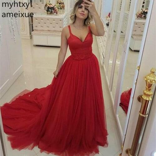 Red Sexy Evening Dresses Long 2020 Beaded Zipper Back Party Gown Court Train Sudi Arabia Plus Size Tulle A Line Robe De Soiree