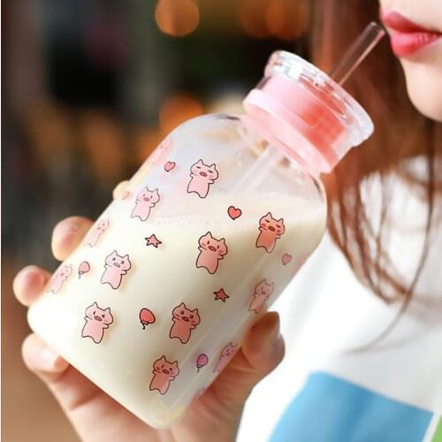 Creative Pig Water Cup Glass Bottles Kawaii Water Bottle Eco Friendly Glass with a Straw Glasses Cute My Bottle Cups Waterbottle