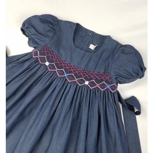 Summer baby girls Denim Vintage dresses blue smocked handmade wedding kids clothing Princess Party boutiques children clothes