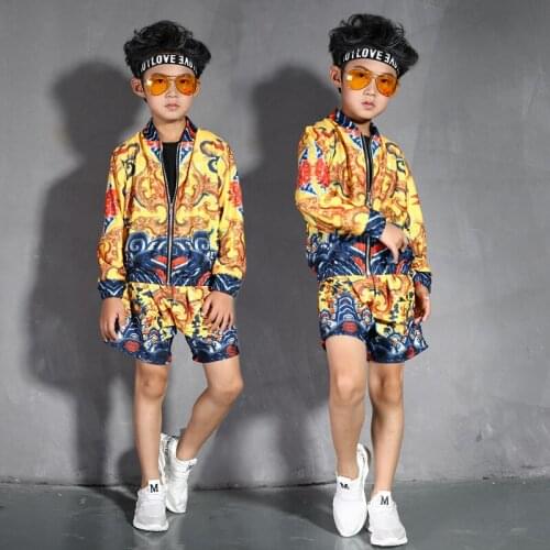 Trendy fashion Childrens Jazz Dance Costumes Boys Performing Hip-Hop Clothes Set Spring Dragons Print Childrens Dance Suits