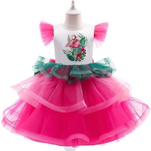 Flower Girl Wedding Flamingo Tutu Dress Girls Christmas Party Clothing Elegant Holiday Party Girl Princess Costume 3 To 10 Years