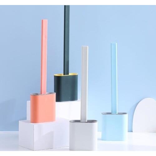 Toilet Brush Water Leak Proof With base Silicone Wc Flat Head Flexible Soft Bristles Brush with Quick Drying Holder Set for Home