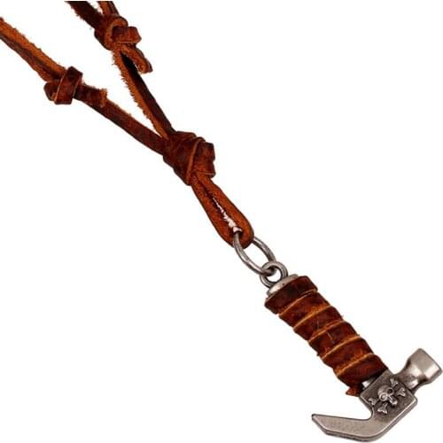 Punk Genuine Leather Men Necklace Retro Pendant Alloy Skull Hammer Vintage Adjustable Brown Long Rope Chain Fashion Male Jewelry