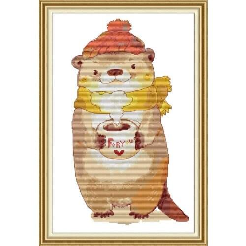 Everlasting love Bear with teacup Chinese cross stitch kits Ecological cotton printed 11CT 14CT DIY gift Christmas decorations
