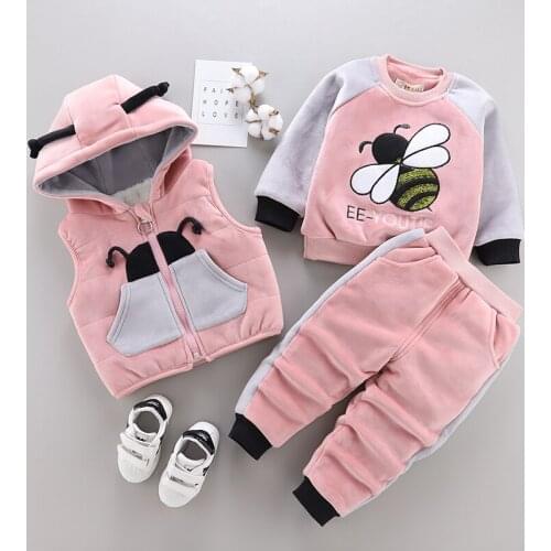 Boys Winter Clothing 3 Pcs Set Baby Infant Kids Cotton Padded Clothes Girls Wadded Cartoon Vest Coat + Tops + Pants 0-4Y P136
