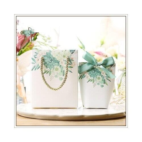 10set Green Floral Printing Candy box Gift hand Bags With Packaging For Jewelry Christmas Regalo Pouches