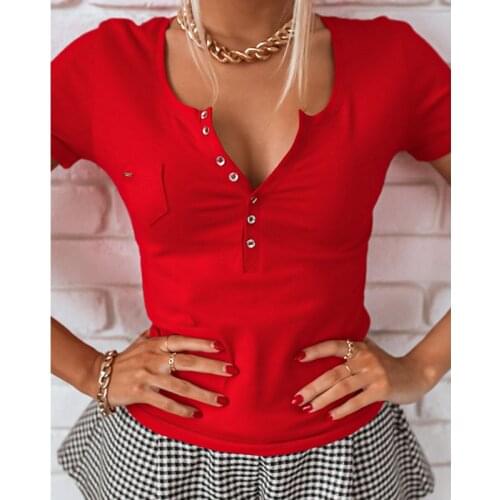 2021 Summer Daily Wear Loungwear V Neck Button Decor Short Sleeve Casual Shirts Plus Size Corset Tops Slim Fit Womens Blouse