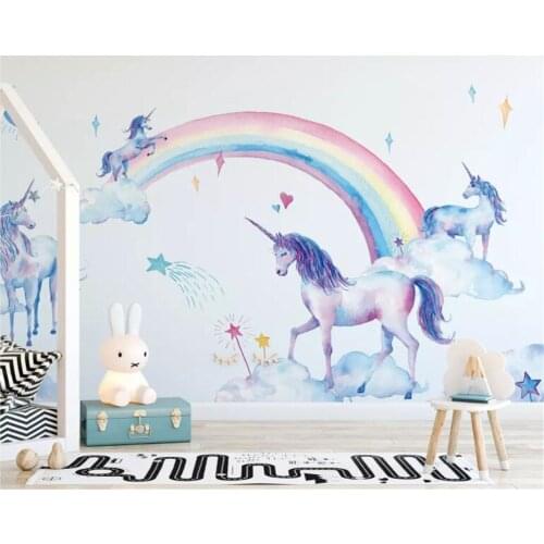 Beibehang Custom mural wallpaper watercolor hand painted White clouds rainbow unicorn child background wall 3d wallpaper tapety