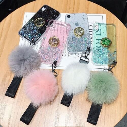 Glitter Case For Samsung S20 FE S11 S10 S10e S9 S8 Plus Cute Hair Ball Lanyard Soft Cover For Samsung Galaxy S 20 Ultra Cases