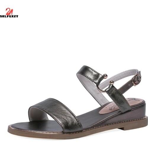 SKLFGXZY Black White Summer New Arrival Women Sandals Fashion Genuine Leather Womens Shoes Cowhide Wedge Sandals Slippers