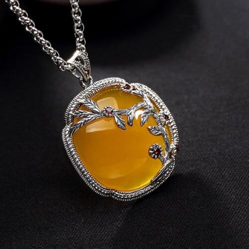 MetJakt Vintage Pattern Natural Yellow Chalcedony Pendant Necklace Solid 925 Sterling Silver Pendant for Sweater Chain for Women