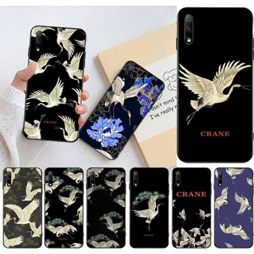 YJZFDYRM Red-crowned crane Birds japanese style Black Cell Phone Case For Huawei Nova 6se 7 7pro 7se honor 7A 8A 7C Prime2019