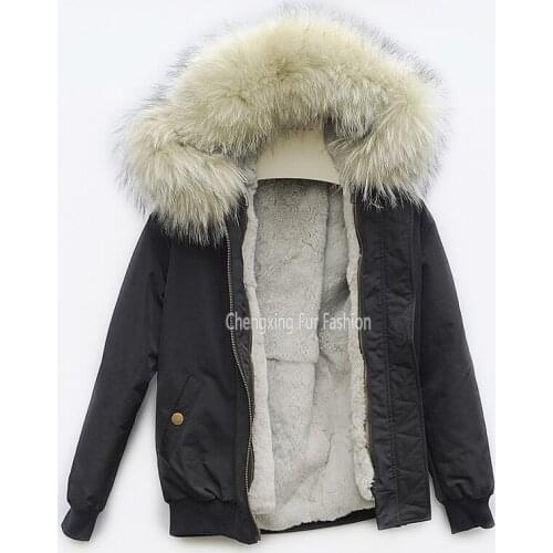 CX-G-P-19U Fashion Winter Hooded Women Parka Coats Real Raccoon Fur Collar Rex Rabbit Fur Lined Bomber Jackets