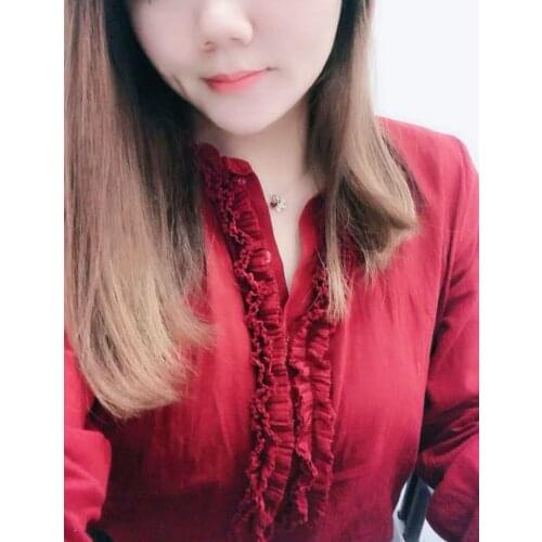 Elfbop 2020 White/Dark Red Ruffled Long Sleeve Blouse Shirt Eatures Ruffled Neck & Pleats Detail