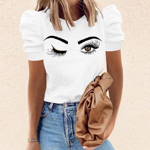 Women Elegant O-Neck Retro Puff Sleeve T-Shirts 2021 Summer Fashion Patter Print Tops Pullovers Ladies Casual Loose Streetwears