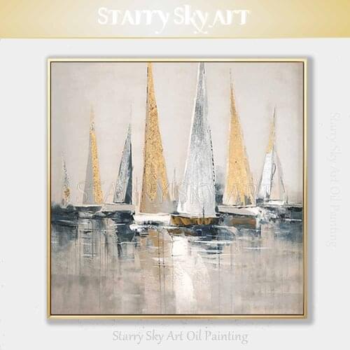 Skilled Artist Hand-painted High Quality Golden Foil Abstract Boats Oil Painting Wall Fine Art Abstract Landscape Boats Painting