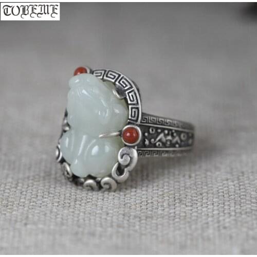 100% 925 Silver Jade Good Luck Pixiu Ring Fengshui Wealth Pixiu Lucky Jewlery Ring Resizable