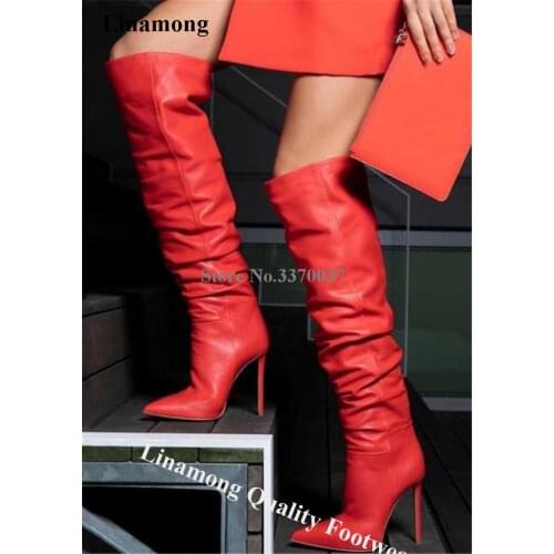 Linamong Elegant Pointed Toe Stiletto Heel Knee High Boots Red Leather Slip-on Long High Heel Boots Club Dress Shoes Big Size