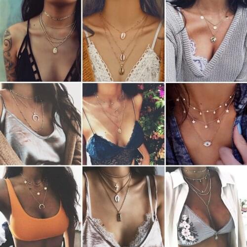 Multilayer Boho Necklace Collections for Women Summer Metal Round Coin Moon Cross Shell Conch Pendant Long Necklace Jewelry Gift