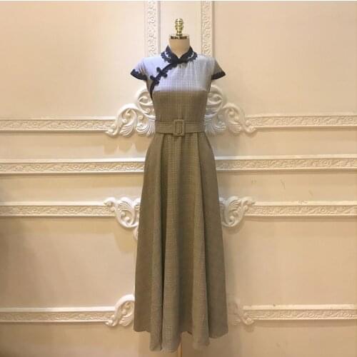 New arrival Fashion brand retro stitching stand collar dress female college style high lace stitching dress with belt wq1934