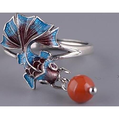 New Silver Chinese National Style Enamel Color Koi Small Fish Retro Elegant Charm South Red Bead Tassel Women Adjustable Ring