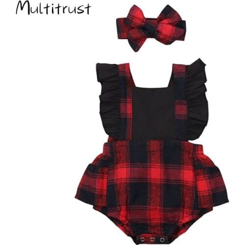 Newborn Baby Girls Christams 2-piece Outfit Set Fly Sleeve Plaid Bodysuits and Headband Set for Baby Girls 0-24M