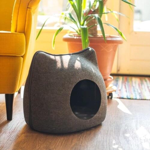 Portable Gray Cute Cat Shape Pet Bed Cat Cave Sleeping Bag Zipper Egg Shape Felt Cloth Pet House Nest Cat Basket with Cushion