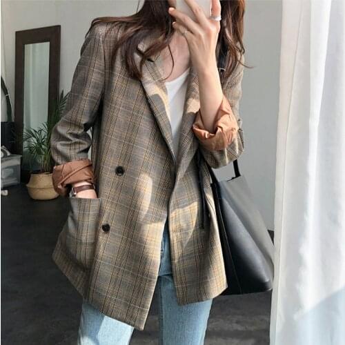 Vintage Notch-collar Double Breasted Plaid Blazer Women Full Sleeve Loose Female Grid Suit Coat Autumn Women Jacket 2019