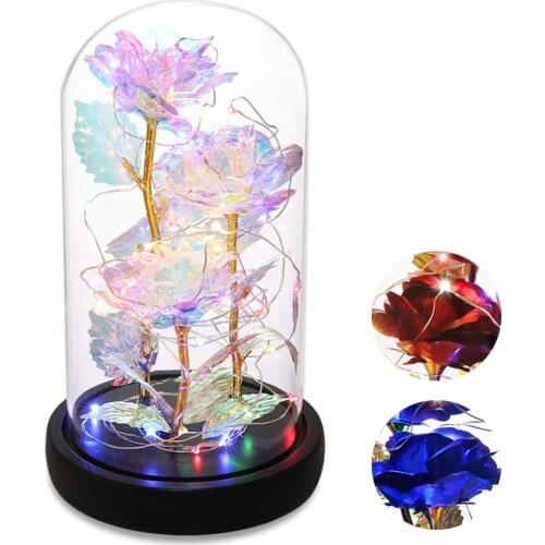 3 Heads Galaxy Rose Eternal 24K Gold Foil Flowers in Glass Dome 2 Modes LED Lights Gifts for Christmas Valentines Day Wedding