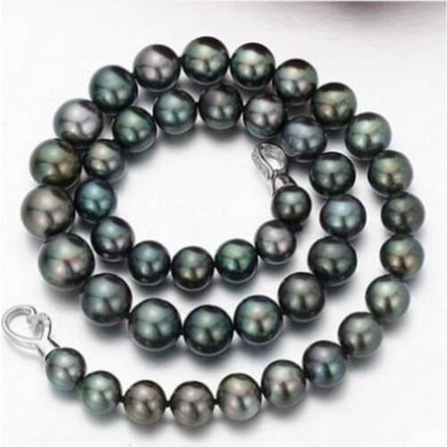 Free shipping stunning 10-11mm round black green pearl necklace 18inch 925s