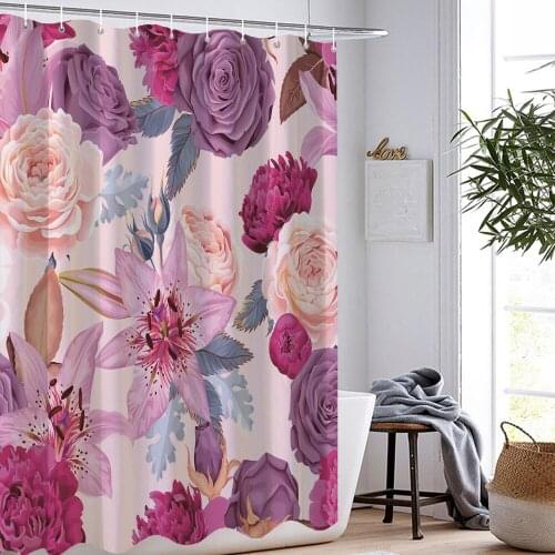 Flower Butterfly Printed Shower Curtains Bathroom Curtain Pink Rose Lotus Bathroom Set Toilet Seat Cover Rugs Non-slip Bath Mat