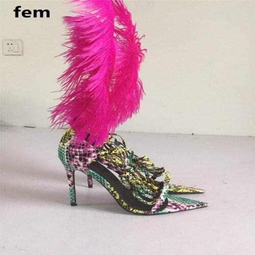 Fur Sandals High Heels Ostrich Feather Sandals Shoes For Women Lace Up Triangle Pointed Toe Sexy Thin Heels Night Party Stars