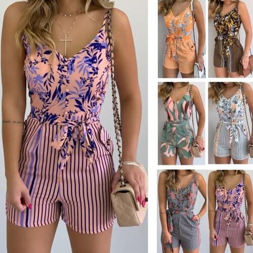 CHRONSTYLE Women Sexy Striped Floral Patchwork Jumpsuits Summer V-neck High Waist Lace-up Strap Suspender Overalls Rompers 2021