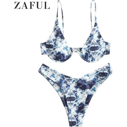 ZAFUL Sexy Swimwear Marble Print Underwire High Leg Bikini Swimsuit Underwire Padded Mid Waisted Women Beach Wear For Summer
