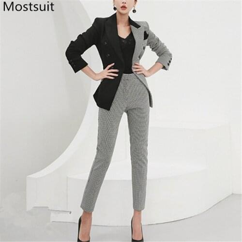 Color-blocked Houndstooth Two Piece Set Suits Women 2021 Spring Double-breasted Blazer + High Waist Slim Pants Korean Office Set