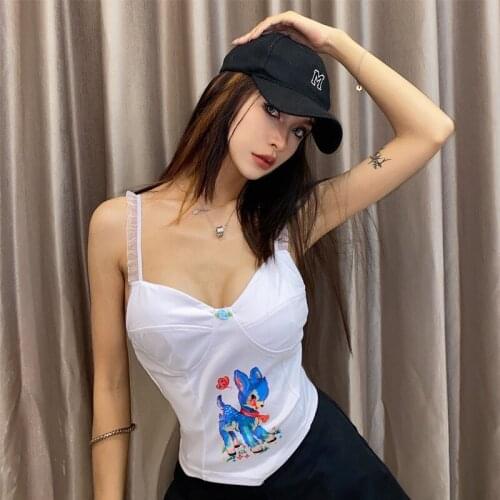 2021 New Cute Cartoon Cat Deer Printing Vest Y2k Crop Tops Lace Strap Streetwear Womens Summer Sleeveless Backless Ladies Camis