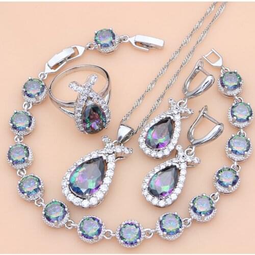 Natural Mystic Rainbow Zircon Stone Fish Silver 925 Jewelry Sets For Women Party Earrings/Pendant/Ring/Bracelet/Necklace Set