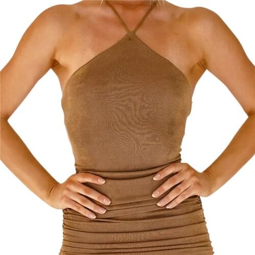 Women’s Sexy Halter Bandage Backless Pleated Short Dress Fashion Solid Color Skinny Dress Summer Sleveless Tight Bodycon Dress