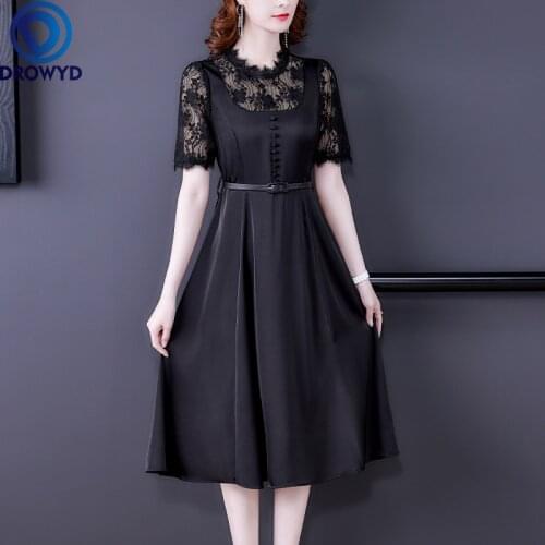 Summer Black Lace Patchwork Mulberry Silk Midi Dress 2021 New Vintage O-neck Maxi Dresses Women Elegant Bodycon Party Vestidos