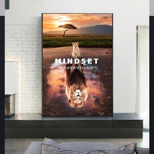 Animal Cat and Lion Poster Mindset Is Everything Canvas Painting Office Motivational Phrases Painting Inspiring Words Wall Art