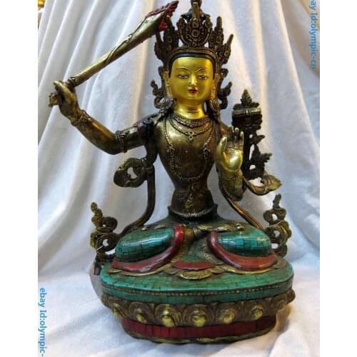13" Tibet bronze gild inlay Turquoise Buddhism Manjusri Buddha Sculpture Statue