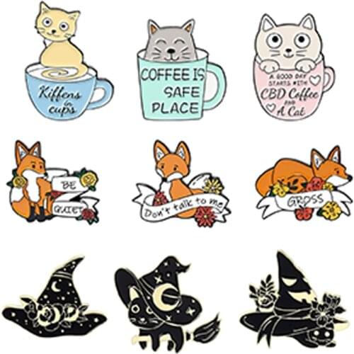 A cat hiding in a teacup Enamel Brooch Like quiet Fox Lapel Pin Black kitten Witch Hat broom Punk Badge Gifts for friends