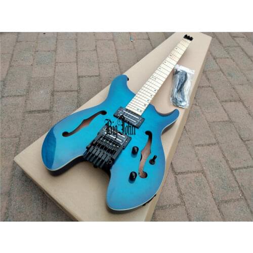 New Fan Fretted Semi Hollow Headless Electric Guitar,Double Track Pickup Guitar Quilted Maple Top Mahogany Body BJ-173